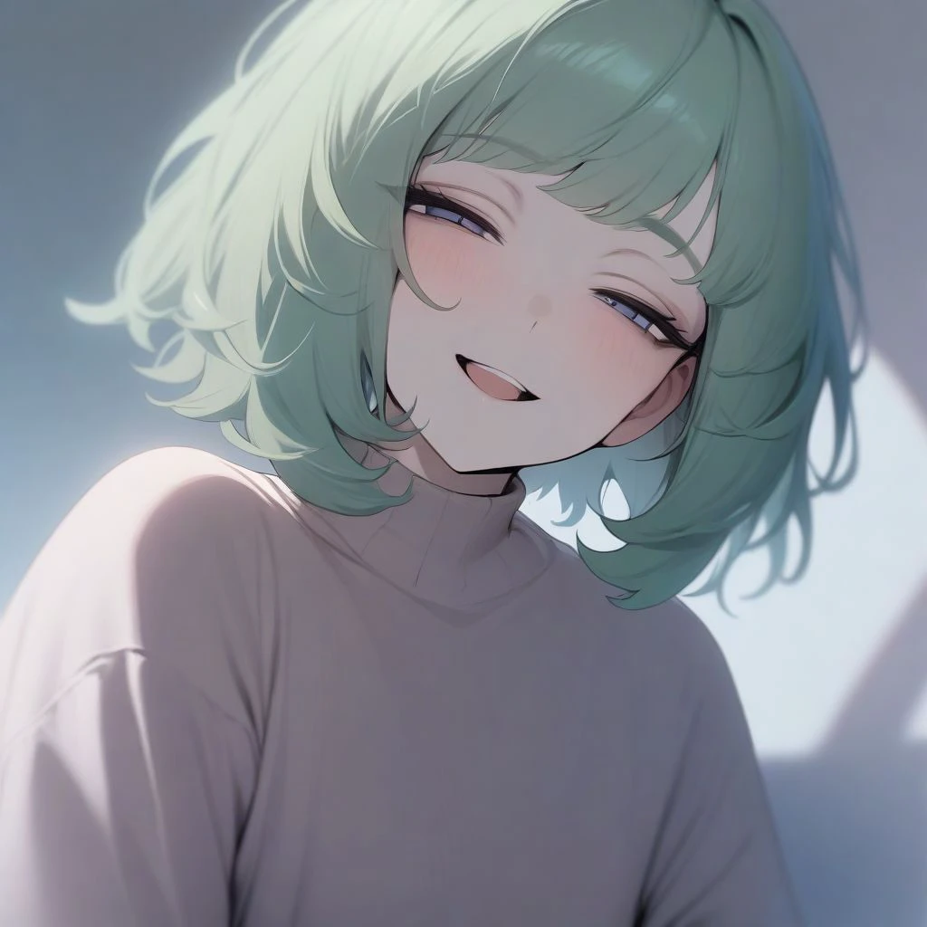 pastel, masterpiece, best quality, aesthetic, high quality, 1girl, solo, short hair, green hair, sidelocks, half-closed eyes, smile, open mouth