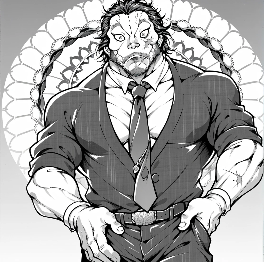 score_9, score_8_up, score_7_up, score_6_up, score_5_up, score_4_up, detailed background,
<lora:Musashi_Miyamoto_Baki_for_PonyXL:0.8> musash1, male focus, 1boy, facial hair, monochrome, greyscale, solo, beard, scar, BREAK
suit, tie, professional,