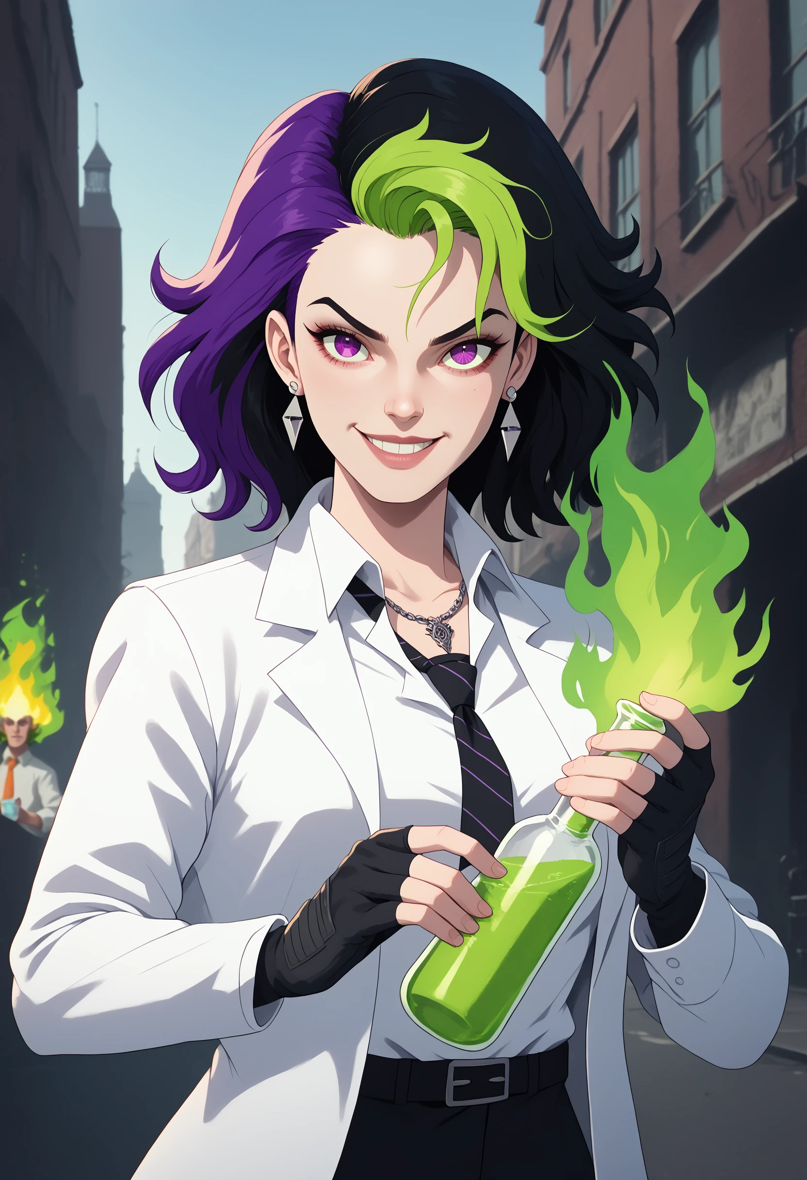 1girl, solo, smile, gloves, green hair, two tone hair, dyed bangs, medium length hair, multicolored hair, black hair, purple hair, white shirt, looking at viewer, black gloves, jewelry, collared shirt, jacket, formal, necktie, purple eyes, necklace, depth of field, white suit, pinstripe suit, medium breasts, prison clothes, holding a bottle, potion bottle with green magic, fingerless gloves, earrings, white shirt, magic, green fire, flames, neon, beetlejuice beetlejuice beetlejuice , beetlejuice inspired, underworld vibes, outdoors, underworld city, city on fire, hellscape, sidelighting, germanic heritage, poltergeist, PonyXLV6_Scores