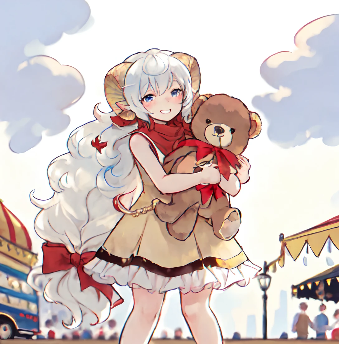 <lora:Laurie_1.5:0.8> lauriescooper, 1girl, long hair, horns, solo, very long hair, dress, bow, sleeveless, sheep girl,
carnival, grin, holding big teddy bear,