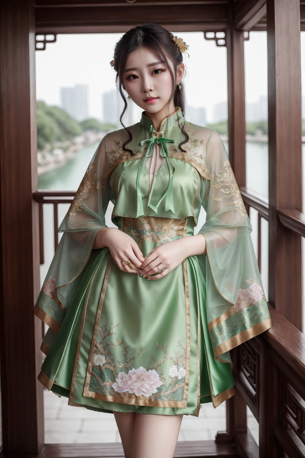 ((best quality)), absurdres, ((ultra high res)), 1girl, perfect face, beautiful face, chinese clothes, green dress, short hanfu, cowboy shot, <lora:hanfuu:0.7>