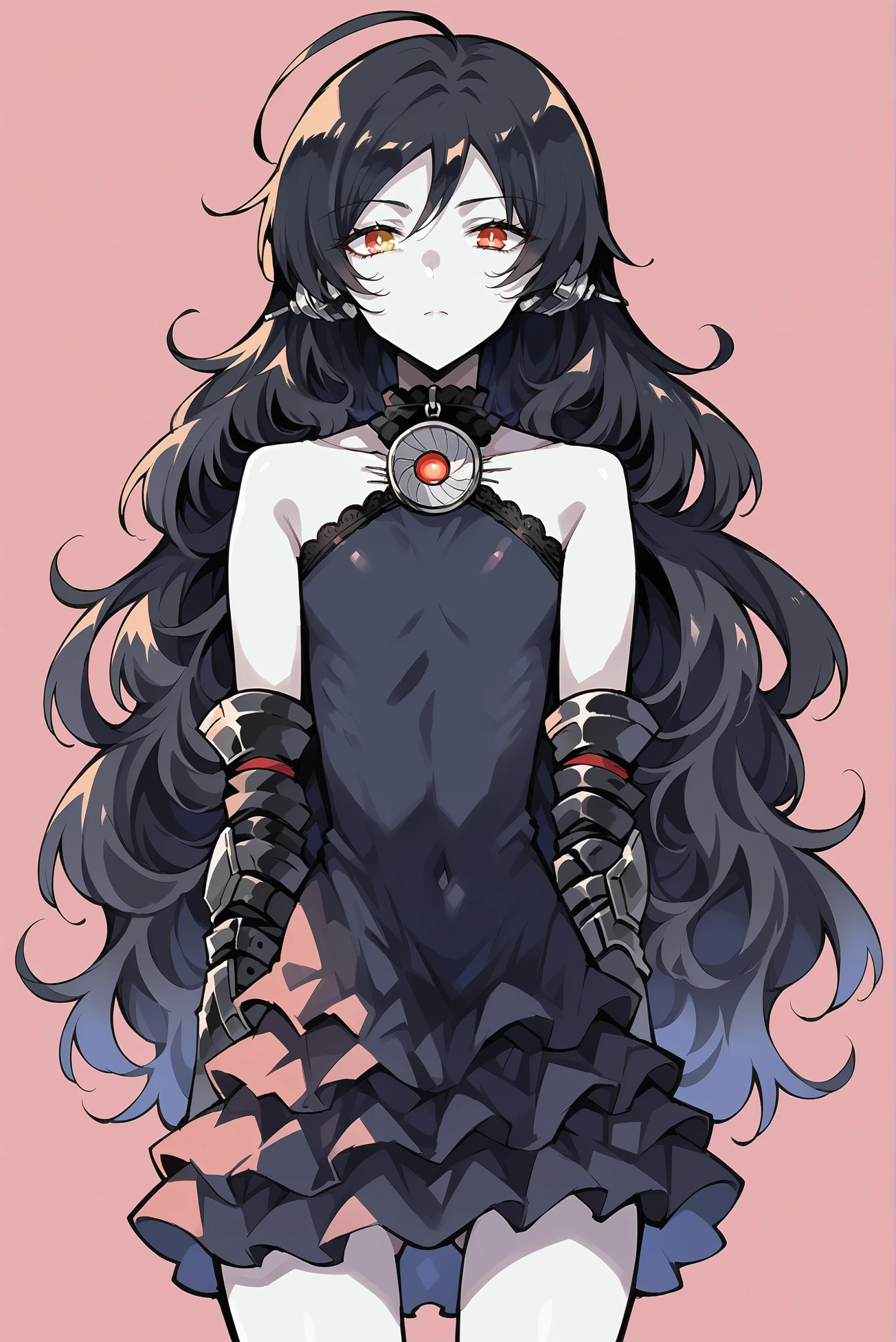 score_9, score_8_up, score_7_up, score_6_up, source_anime, 1girl, slender, solo, arbiter the devil, <lora:ArbiterTheDevil-PDXL_V2:0.8>,
BREAK (expressionless, heterochromia, red eyes, yellow eyes), (black hair, very long hair, wavy hair, flat chest), (colored skin, white skin:1.4)
BREAK (black dress, gauntlets, collar, ear covers, frilled dress:1.2), (looking at viewer, cowboy shot:1.2),
BREAK simple background