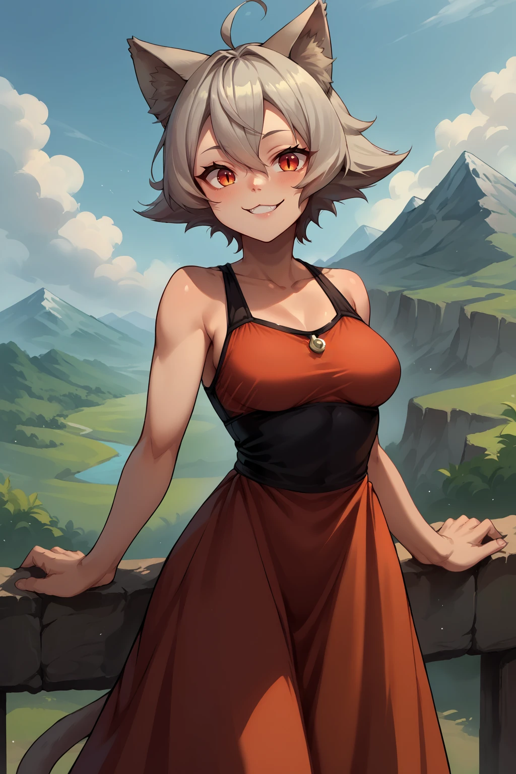 score_9, score_8_up, score_7_up, source_anime, cowboy shot, looking at viewer, smile, liniadeldodia, medium breasts, slit pupils, cat ears, tail, short hair, ahoge, dress, outdoors, mountain, <lora:Hoseki_MushokuTensei_LiniaDedoldia_PDXL_v1:1>