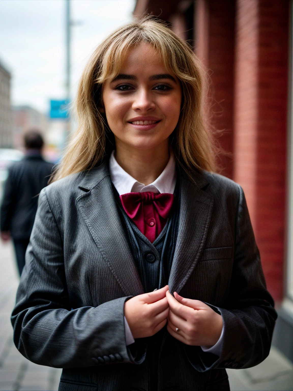 cinematic still sabcar, headshot, high school, candid photo, lips, bright eyes, eye focus, cute, hair bow, smile, bashful, hands in pockets, <likenesshelpbyshurik3> . emotional, harmonious, vignette, highly detailed, high budget, bokeh, cinemascope, moody, epic, gorgeous, film grain, grainy