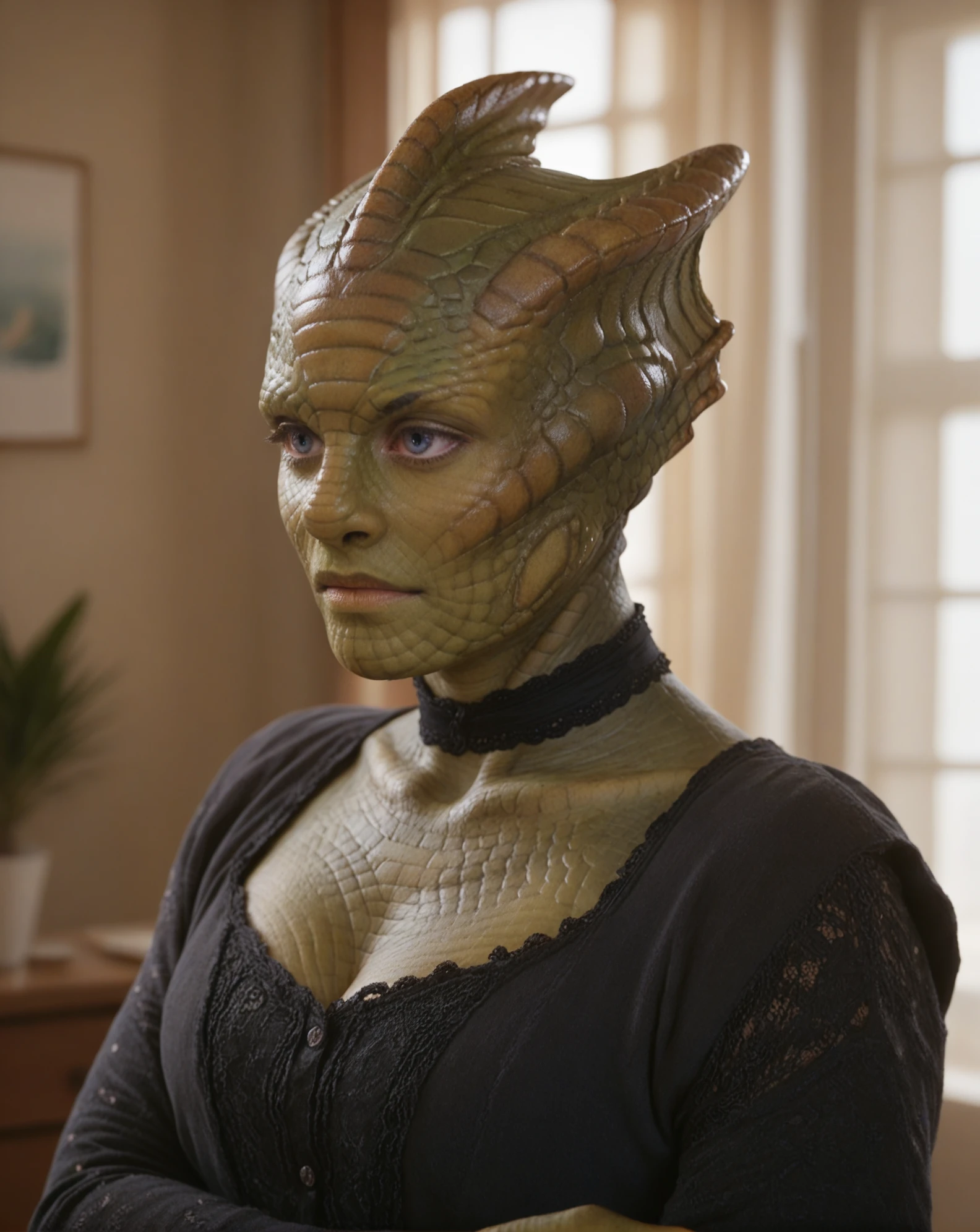 <lora:VastraJenny:0.8> Vastra, woman, reptilian, blue eyes, indoors, upper body image, solo, green skin, score_9, score_8_up, score_7_up, score_6_up, score_5_up, score_4_up