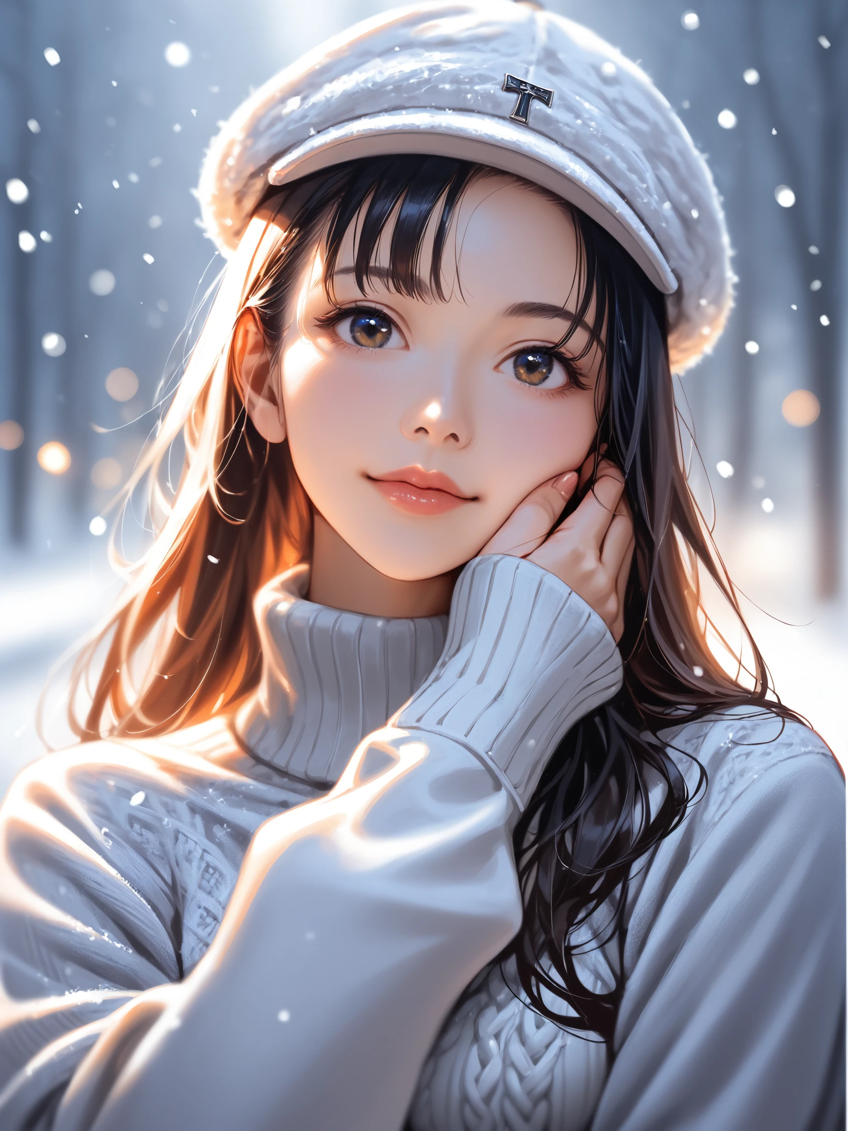 score_9, score_8_up, score_7_up,
best quality, masterpiece, realism, realistic,
analogue photo of adult girl in sweater and sweater hat, looking at viewer, long hair, head shot, hold cheeks with hands, close-up, extremely beautiful detailed face, medium breasts, (cute face, temptations look), eye level,
professional photo, high contrast exposure, soft bokeh, high key light, hard shadow, soft bokeh, snowing, snowing background,