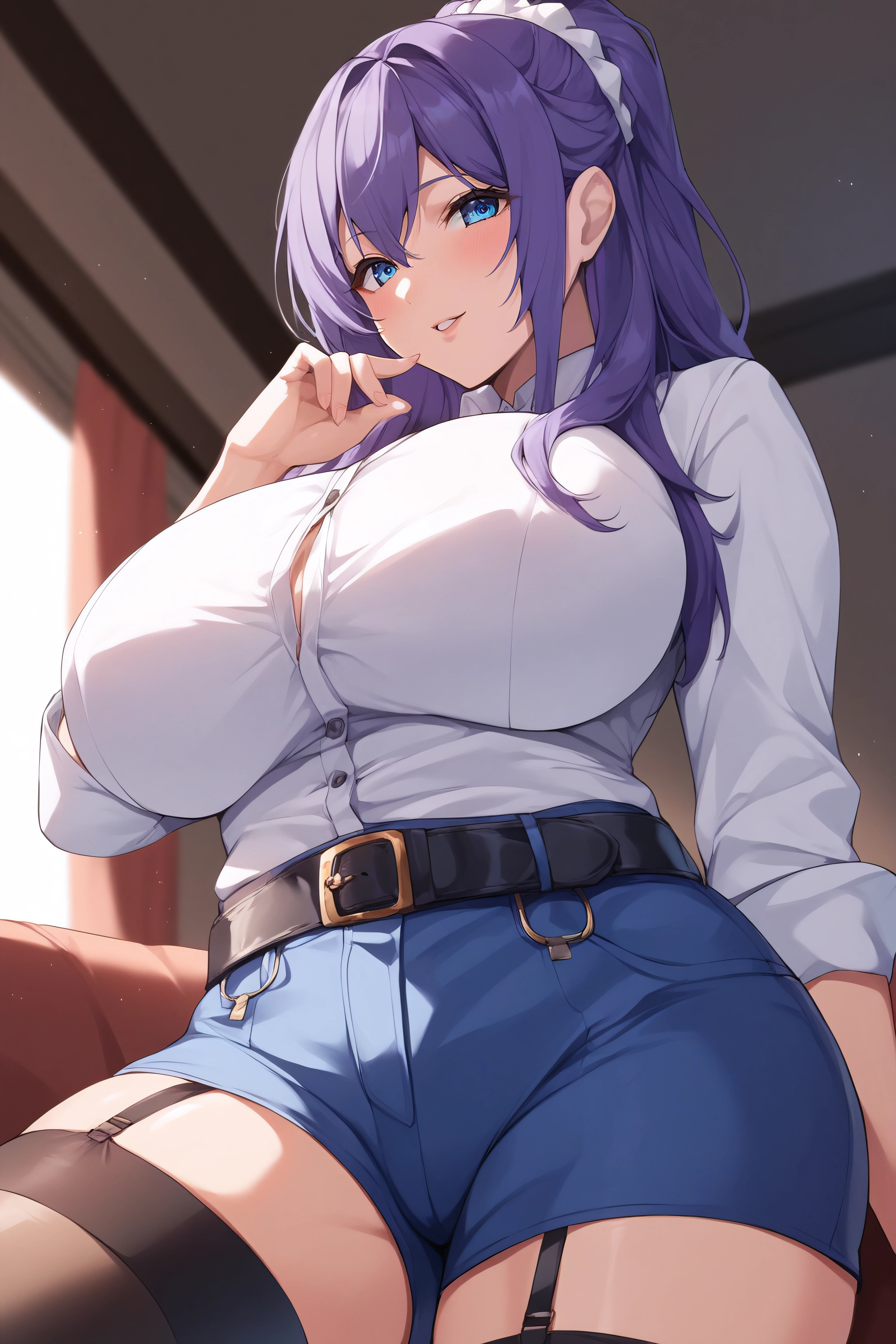 score_9, score_8_up, score_7_up, BREAK source_anime, <lora:rei suzukawa-PonyXL-lora-Faxtron:0.8> rei suzukawa, blue eyes, purple hair, long hair, white scrunchie, large breasts, white shirt, blue shorts, belt, black thighhighs, garter straps,