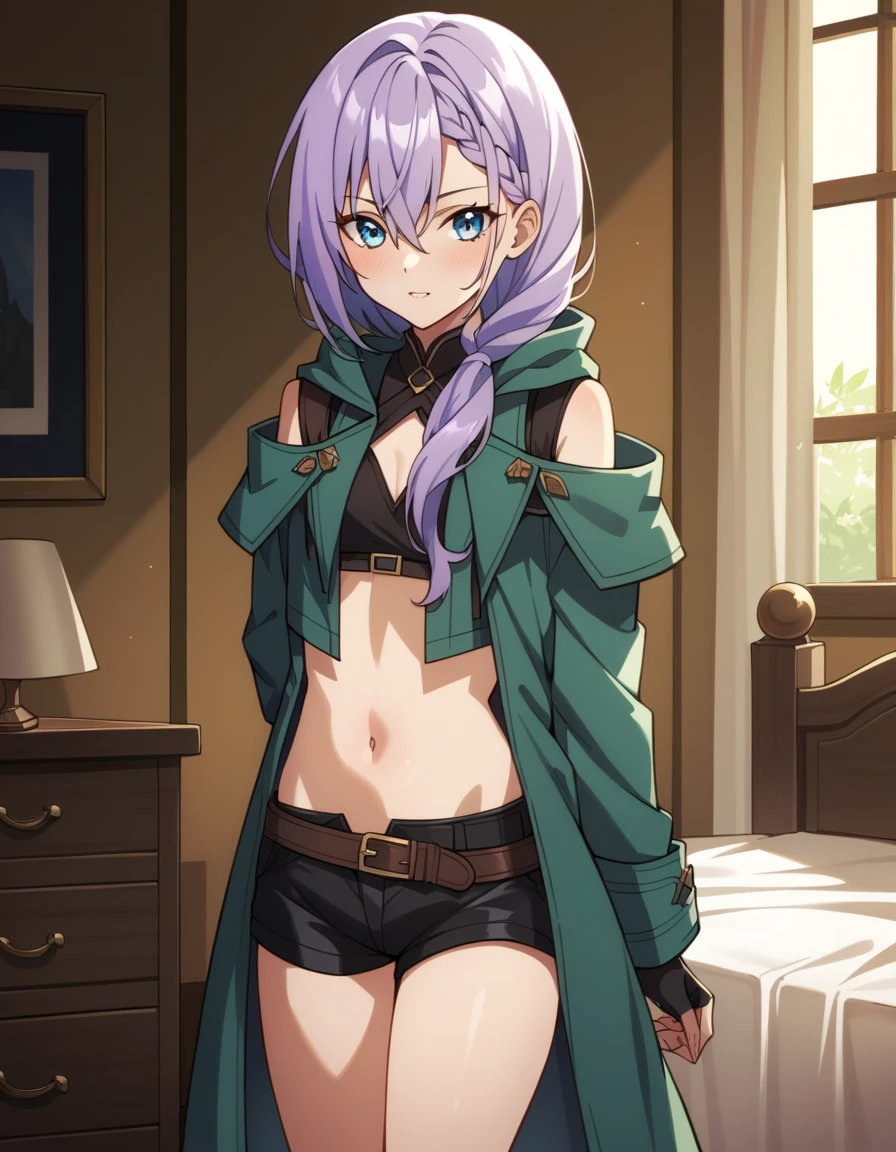 score_9, score_8_up, score_7_up, source_anime, uncensored, <lora:StS_detail_slider_v1:3>, zPDXLxxx, <lora:Luna_PONYXL_VexVexX:1>, Luna, blue eyes, purple hair, long hair, braid, hair over shoulder, hair between eyes, bangs, small breasts, coat, green coat, hooded coat, shoulder cutout, long sleeves, shorts, short shorts, black shorts, midriff, belt, fingerless gloves, black gloves, cowboy shot, bedroom, from front, standing, hands behind back, looking at view, thighs,