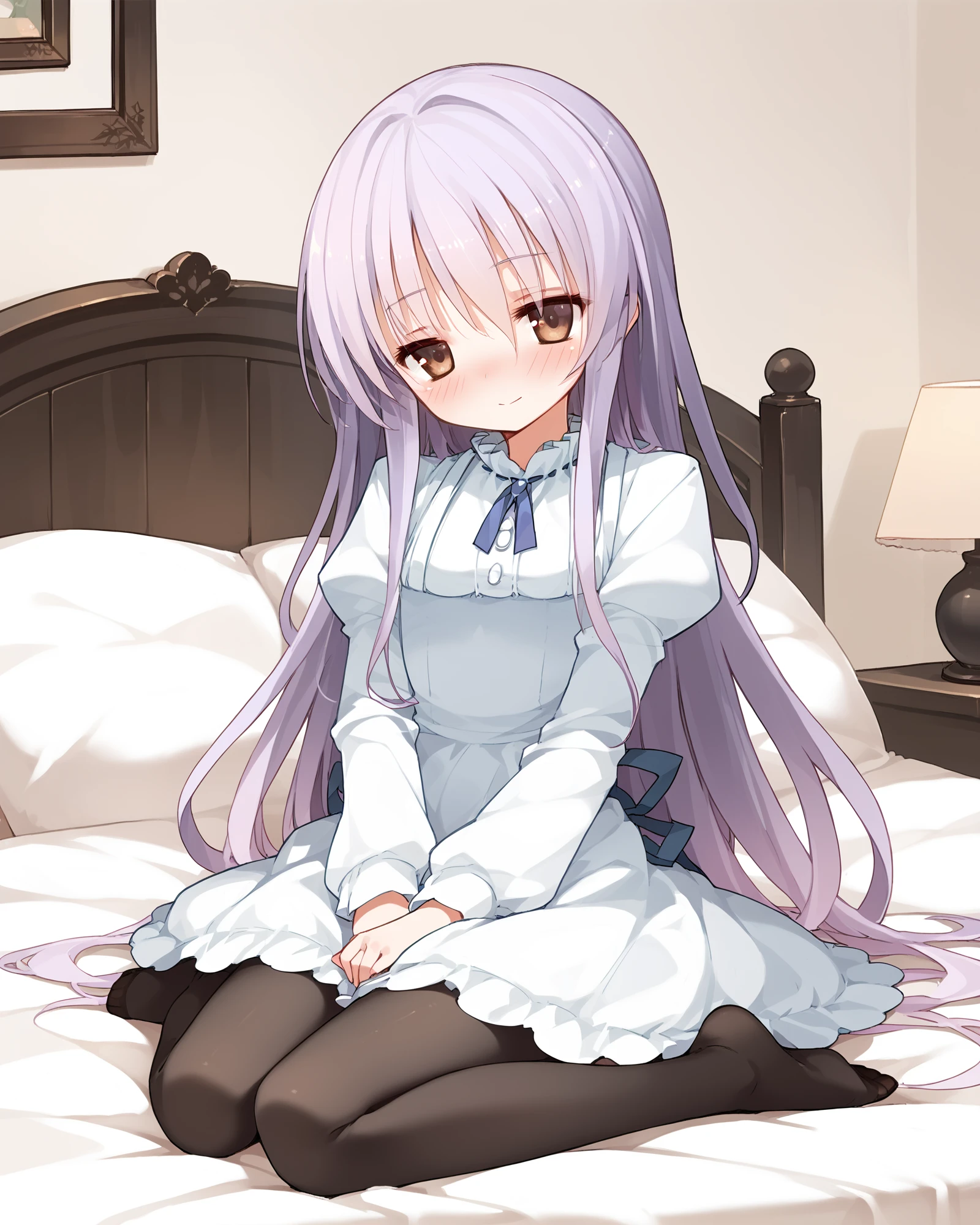 (score_9,score_8_up,score_7_up,score_6_up),masterpiece,ultrahigh_details,best_quality,on bed,mayuki,solo,1girl,full body,lilac_hair,very_long_hair,brown eyes,narrowed eyes,full-face blush,seductive smile,white_dress,black pantyhose,<lora:MayukiXL:0.9>,