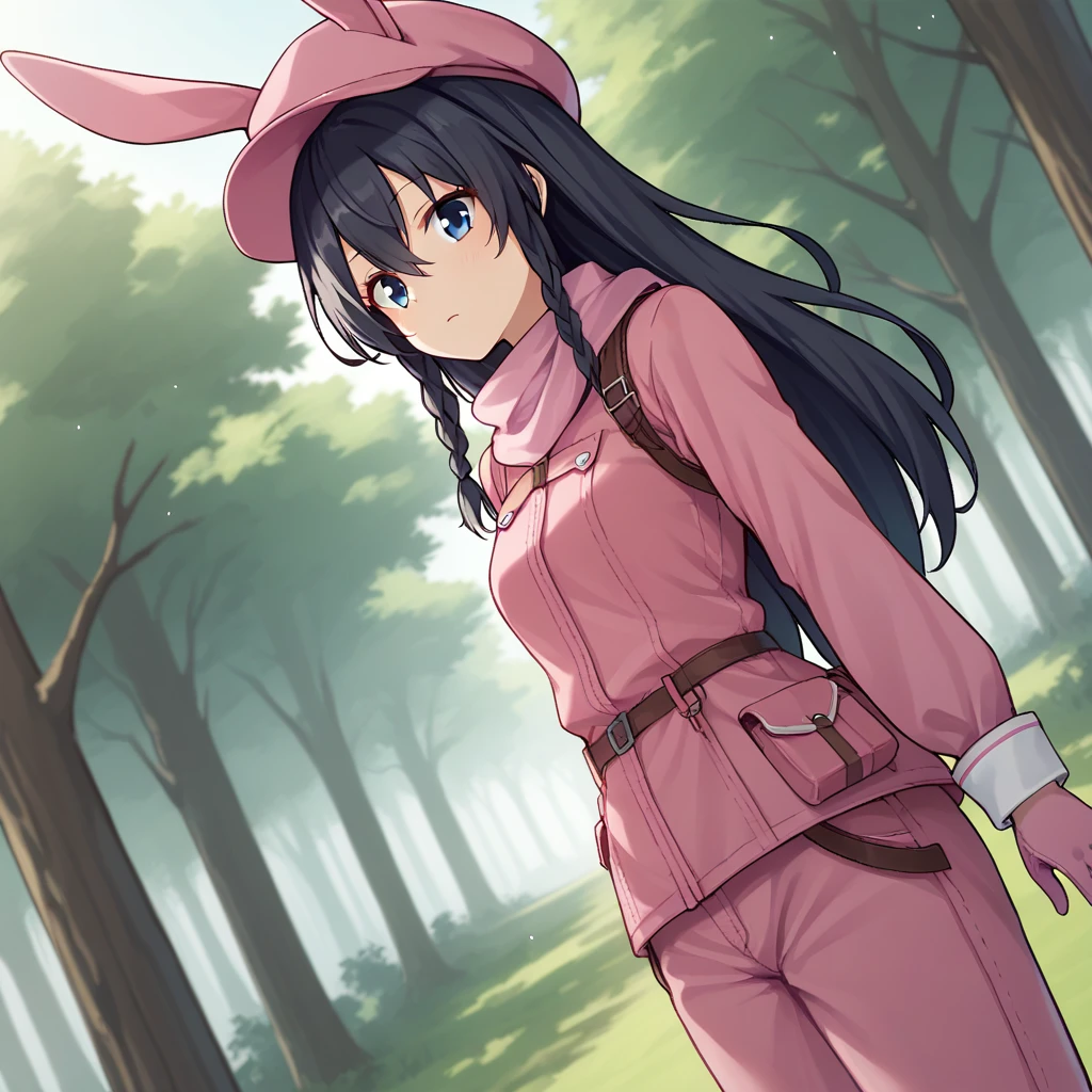 score_9, score_8_up, score_7_up, source_anime, <lora:Kohiruimaki Karen - SAO Alternative Gun Gale Online-000010:1> 1girl, solo, cowboy shot, kohiruimaki_karen, black hair, blue eyes, "long hair, hair between eyes, braid, single braid, side braid, rabbit hat, pink headwear, pink scarf, cosplay, pink jacket, long sleeves, pink pants, pink gloves, forest, outdoors, trees, dutch angle, >o<",