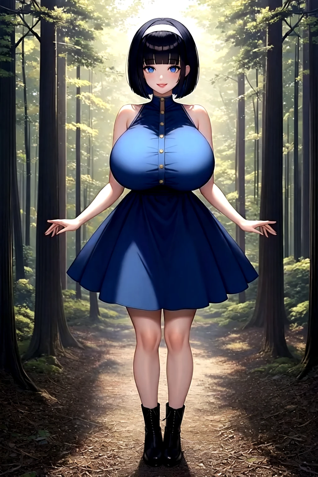 <lora:forest:0.6>, forest, bob cut, huge breast, smile, lips, black hair, hairband, blue eyes, blunt bangs, blue dress, sleeveless dress, full body, black boots