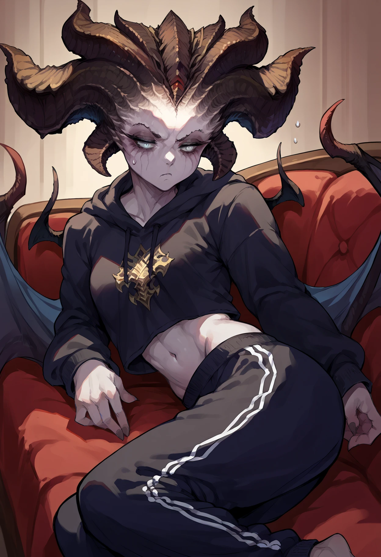 score_9, score_8_up,score_7_up, source_anime, 1girl, solo, <lora:EPd4LilithV5-10:1>, EPd4Lilith, demon girl, demon horns, grey eyes, demon wings, curled horns, colored skin, grey skin, glowing eyes,  makeup, piercing,sweatpants,hoodie, on side, couch, bored,midriff