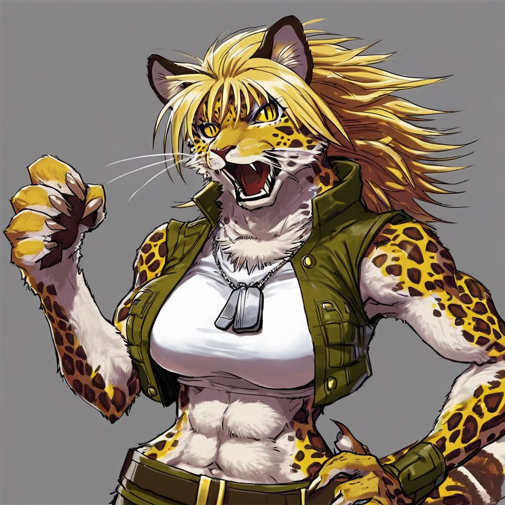 score_9,leopard_bloody_roar,
leopard_bloody_roar, shina the marvel, shina gado, furry, solo, 1girl, hand on hip, animal ears, fangs, breasts, grey background, furry female, open mouth, belt, looking at viewer, body fur, tail, whiskers, upper body, simple background, claws, muscular, yellow eyes, vest, navel, animal nose, dog tags, slit pupils, large breasts, zipper, leopard ears, midriff, jewelry, snout, blonde hair, teeth, sleeveless, necklace, abs, crop tope