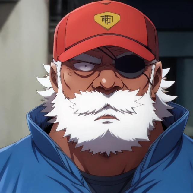 <lora:Ginjirou-10:1> ginjirou, facial hair, male focus, old man, mustache, eyepatch, dark skin, baseball cap, blue jumpsuit, looking at viewer, human, solo, surprised expression, humanoid, (best quality:1.3), (anime:1.2),(anime screencap:1.2)