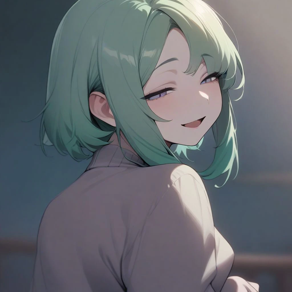 pastel, masterpiece, best quality, aesthetic, high quality, 1girl, solo, short hair, green hair, sidelocks, half-closed eyes, smile, open mouth