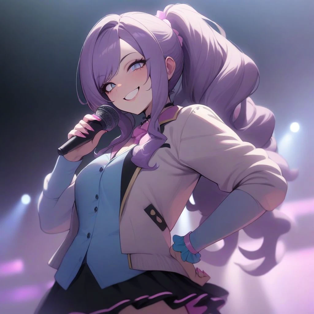 pastel, masterpiece, best quality, aesthetic, high quality, 1girl, solo, idol, idol clothes, hand on hip, smile, gyaru, purple hair, wavy hair, ponytail, jacket, skirt, pink nails