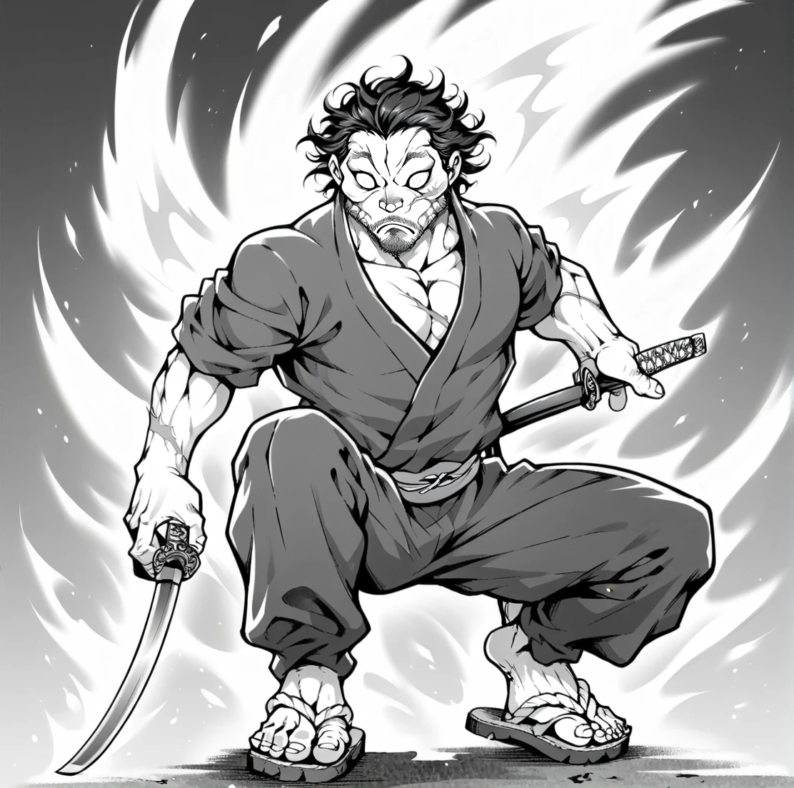 score_9, score_8_up, score_7_up, score_6_up, score_5_up, score_4_up, detailed background,
<lora:Musashi_Miyamoto_Baki_for_PonyXL:0.8> musash1, male focus, 1boy, facial hair, monochrome, greyscale, solo, beard, scar, BREAK
crouched, Japanese clothes, sandals, hands on katana, combat pose, aura, shockwave, white eyes, frown,