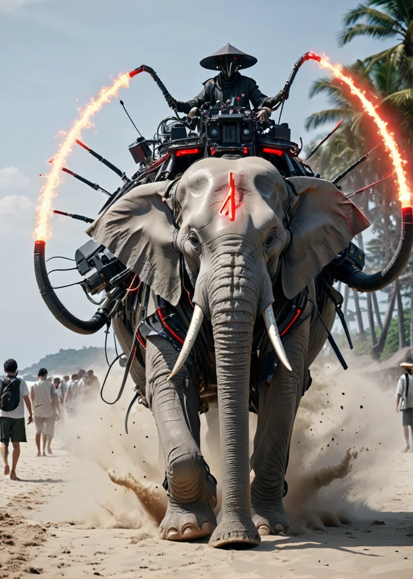 <lora:Electric Alien - Trigger is ElectAlien Artstyle:1> electalien artstyle elephant, Film still from a new  movie about a group of people on a safari.  is seen riding on an elephant. the scene takes place in beach front sidewalk., explosion artstyle,  <lora:Blow It Up - (Trigger words are Explosion Artstyle) :.6>