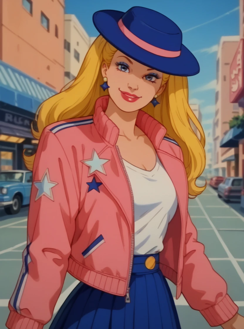 score_9, score_8_up, score_8, hud_barbir0ck, retro artstyle,  <lora:barbirock-000009:0.8>, long hair, looking at viewer, smile, blue eyes, blonde hair, jacket, shirt, skirt, hat, makeup, lipstick