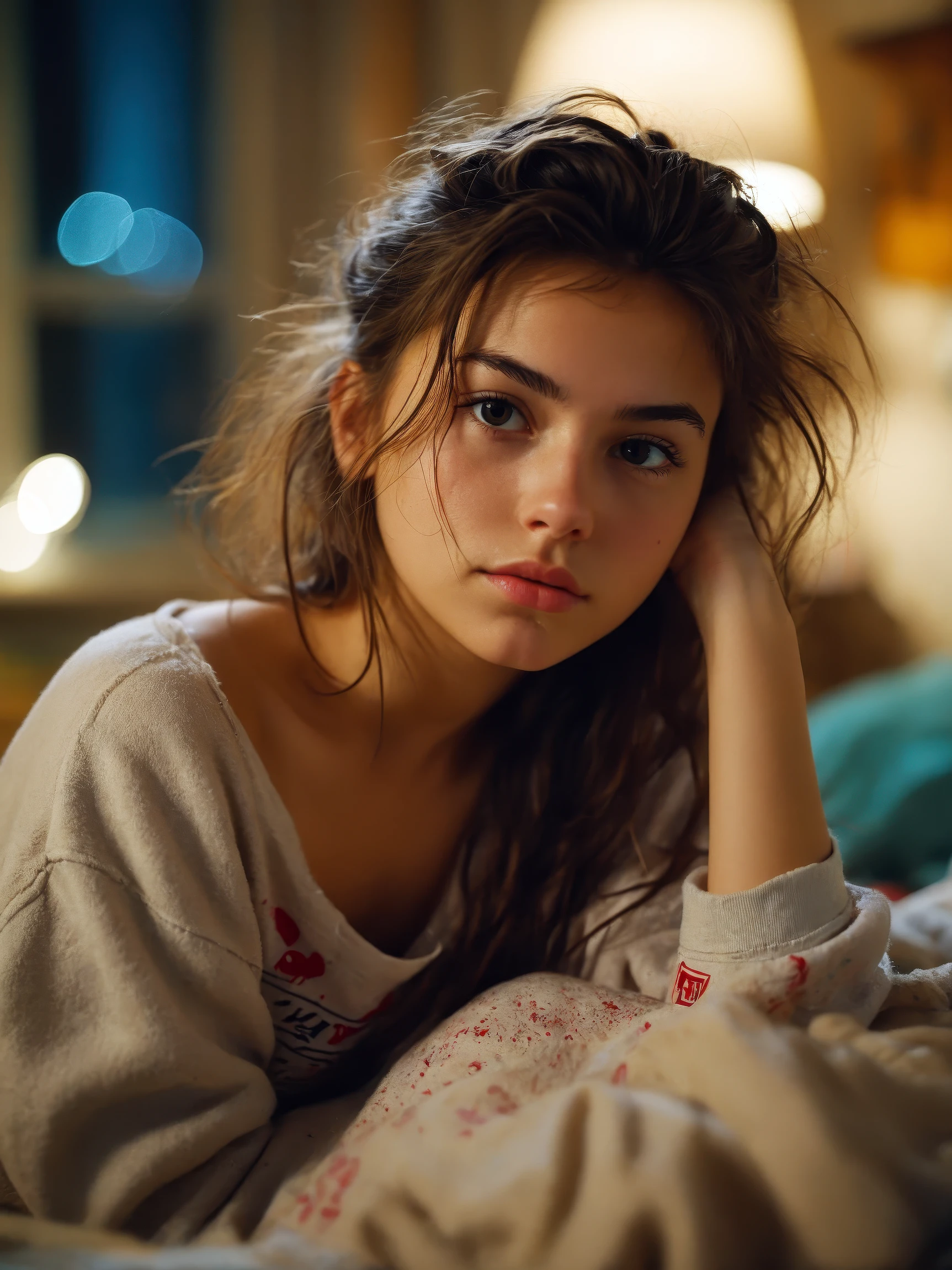 a beautiful college girl, brunette, close-up, girl next door, baggy clothes, night, interior, messy hair, film grain, retro, (bokeh:1.3), Porta 160 color, shot on ARRI ALEXA 65, sharp focus on subject, Fujifilm XT-3