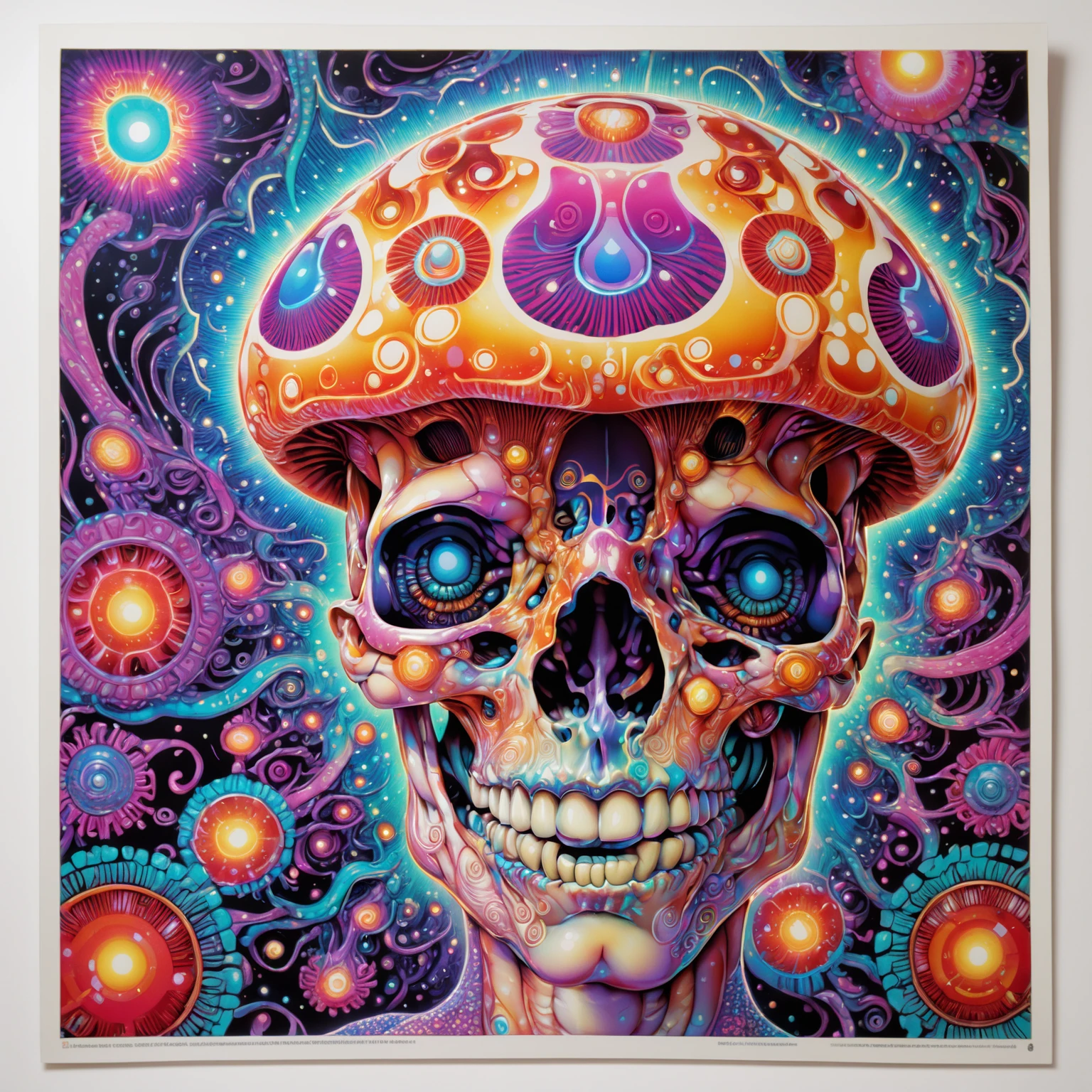 <lora:aiai-DiscoFire-XL1-v1-captions:0.75> aiai-DiscoFire style risograph print of cranial shroom by chris dyer and wes wilson, poster, high quality, 8K Ultra HD