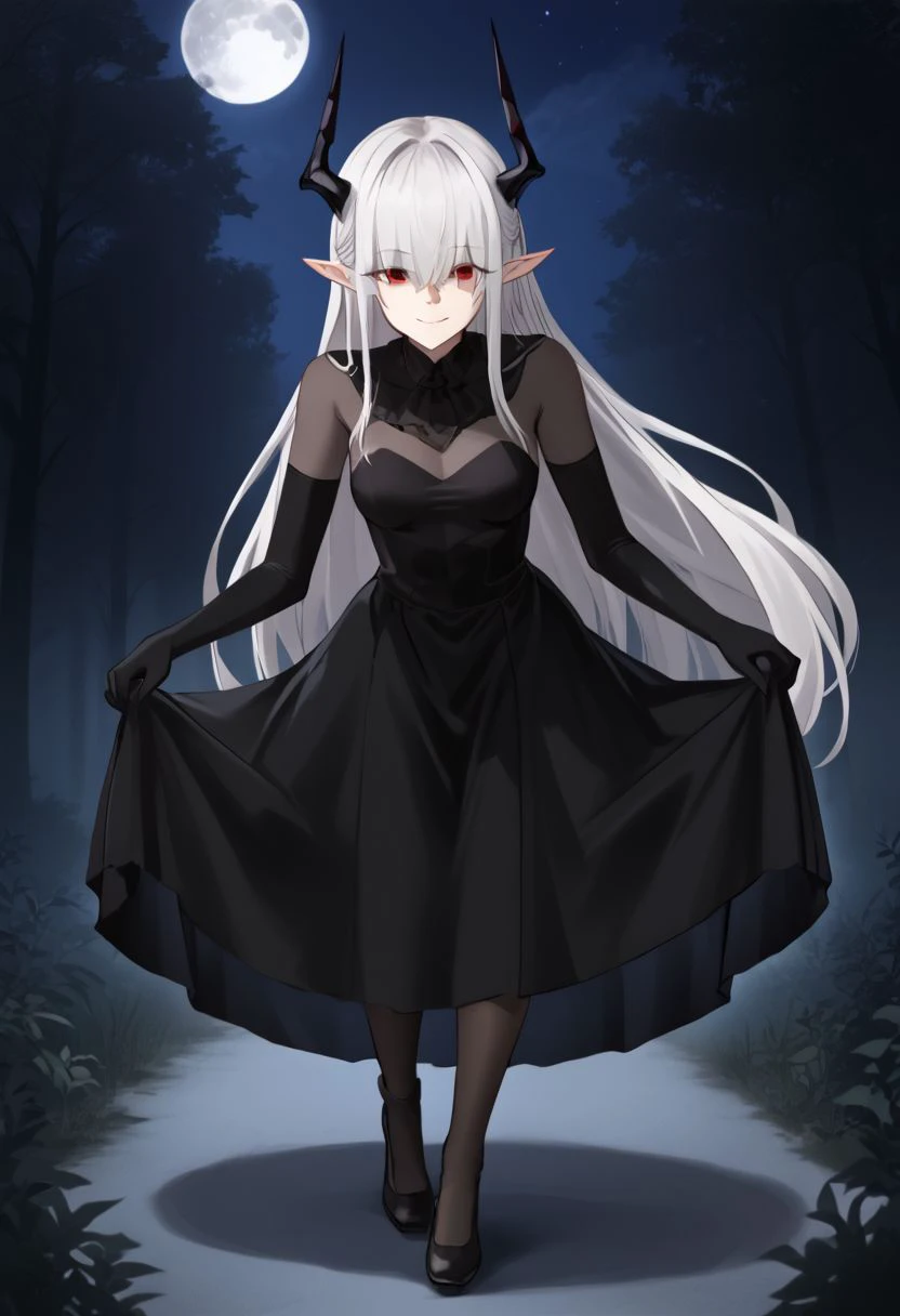 1girl, absurdres, solo, Sarkaz_Dancer, white hair, long hair, horns, pointy ears, red eyes, hair over eyes, eyes visible through hair, asymmetrical skirt, black dress, black gloves, elbow gloves, bodystocking, see-through cleavage, forest, night sky, moon, skirt hold ,bowing, crossed legs, leaning forward, dress lift, smile, looking at viewer