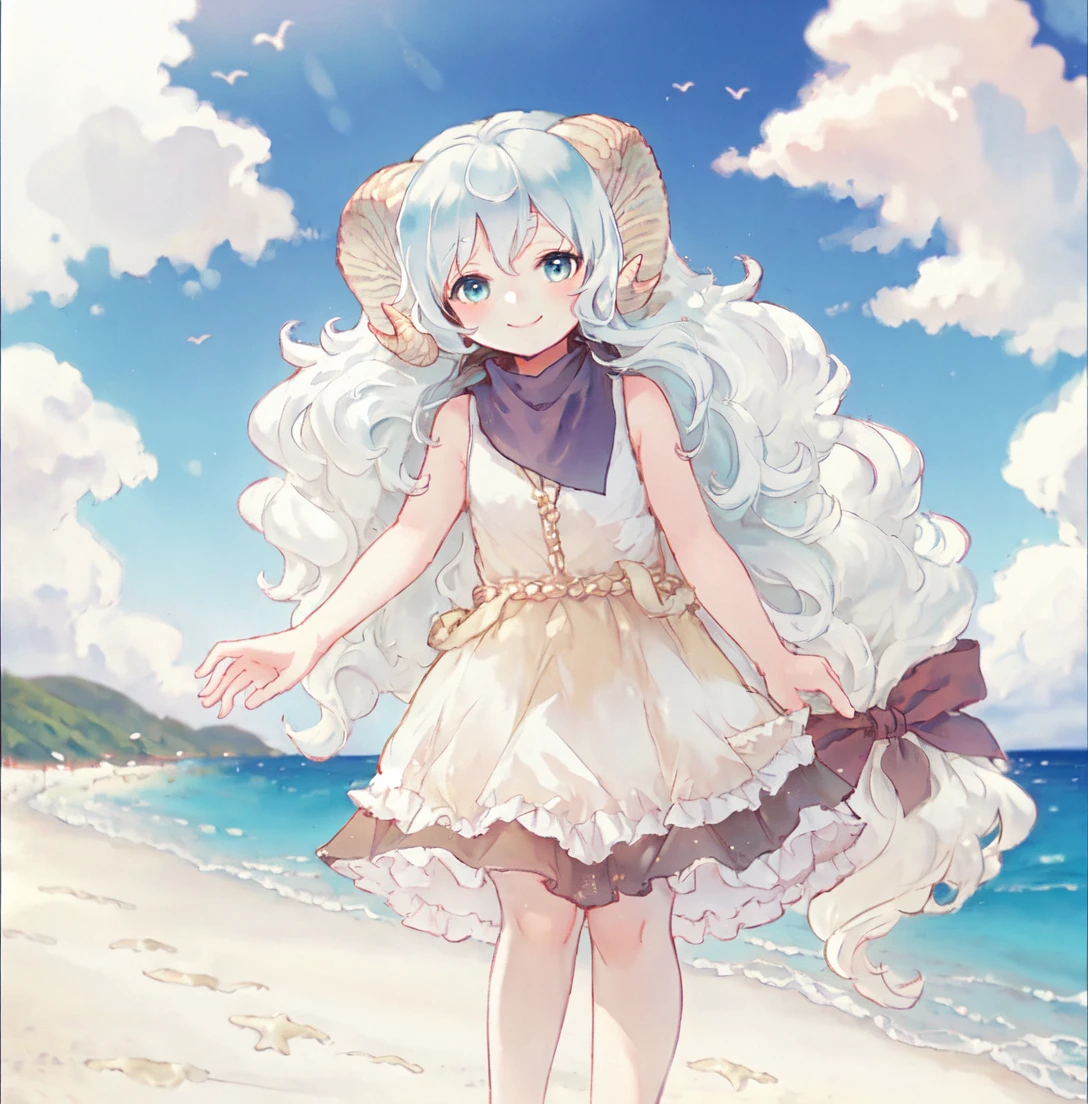 <lora:Laurie_1.5:0.8> lauriescooper, 1girl, long hair, horns, solo, very long hair, dress, bow, sleeveless, sheep girl,
beach, smile, ocean, clouds,