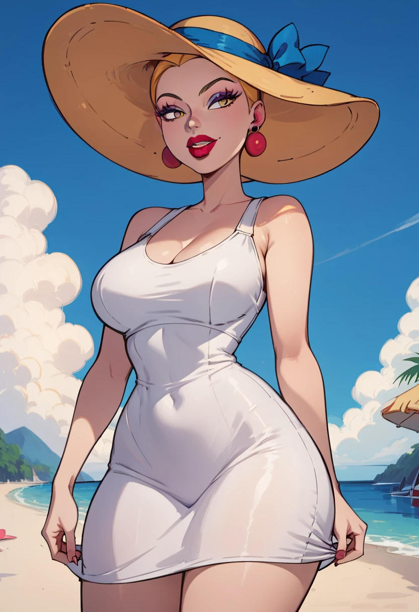 score_9, score_8_up, score_7_up, <lora:Charlotte_Pickles_PDXL:0.9> charlottepicxl, earrings, lipstick, makeup, blonde hair, yellow eyes, big breasts, wide hips, parted lips, smile, on the beach, white summer dress, summer hat,