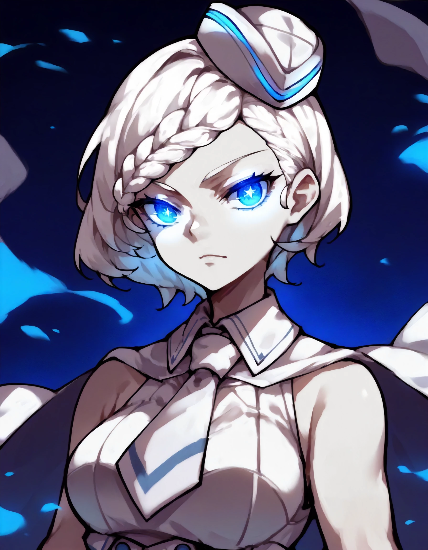 score_9,score_8_up, score_7_up,source_anime,1girl,upper body,looking at viewer,
<lora:abyssalpacificprincess_ponyXLV6:0.7>,asappr,
white skin,blue eyes,glowing eyes,short hair,white hair,braided bangs,
garrison cap,white cape,sleeveless white shirt,detached collar,white necktie,dark background