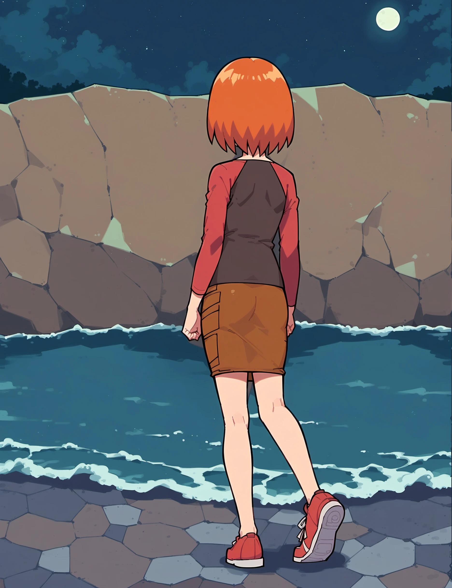 score_9, score_8_up, score_7_up, score_6_up,
BREAK
lunaMWS, 1girl, full body, orange hair, short hair, walking, facing away, from behind,
BREAK
red shirt, long sleeves, brown skirt, pencil skirt, red sneakers
BREAK
night sky, moonlight, moon, starry sky, water, ocean, waves, stone floor, abstract background  <lora:Luna_PlanetSurvival:1>