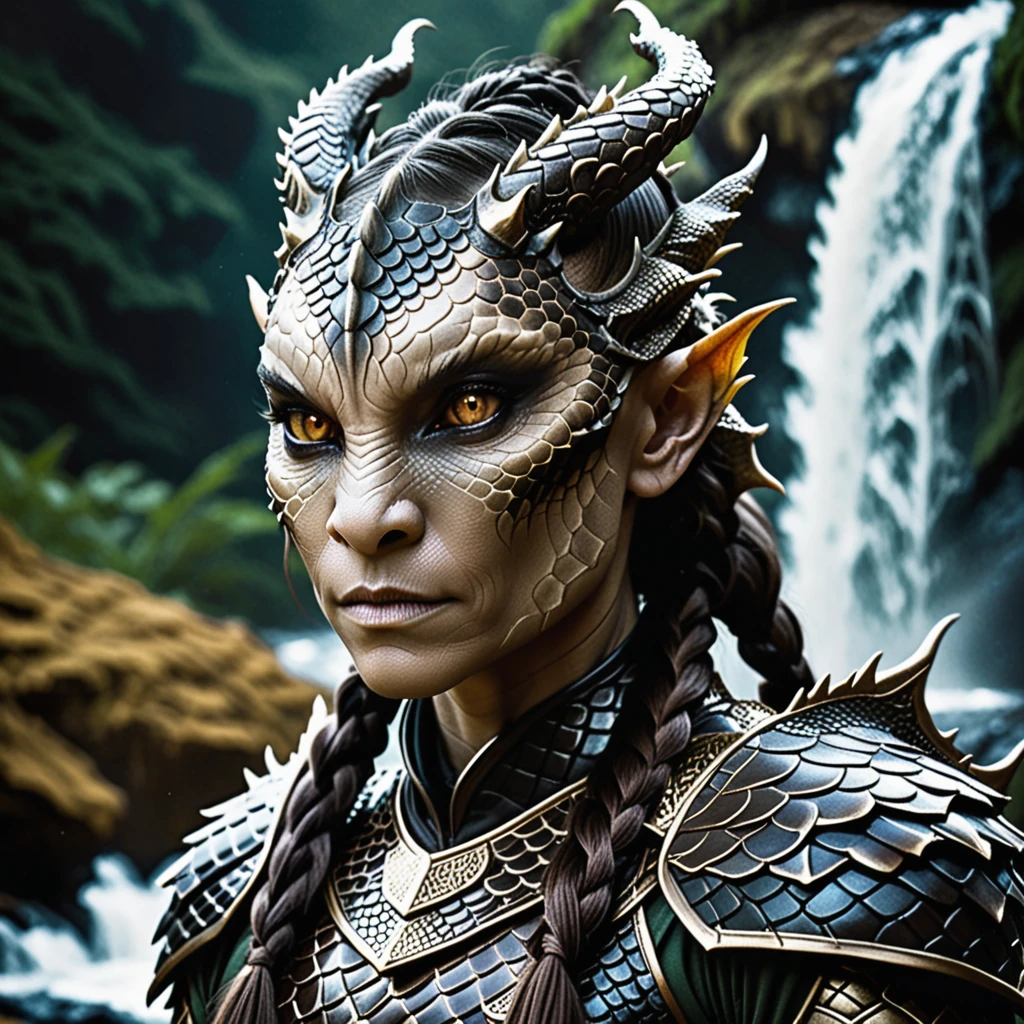 cinematic film still female human dragon hybrid, close-up, outdoors near a waterfall at night, covered in dark earth tone matte scales as skin, dragon scale armor, striking reptilian eyes with vertical pupils, dragon horns, bald except a braided ponytail, exudes confidence and power, . shallow depth of field, vignette, highly detailed, high budget, bokeh, cinemascope, moody, epic, gorgeous, film grain, grainy