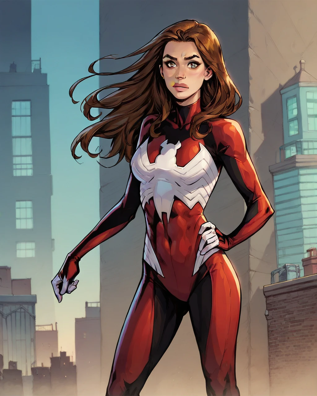 score_9, score_8_up, score_7_up, score_6_up, 2d, JessDrew, solo, long hair, brown hair, brown eyes, bodysuit, standing, highly detailed, dark, city at night