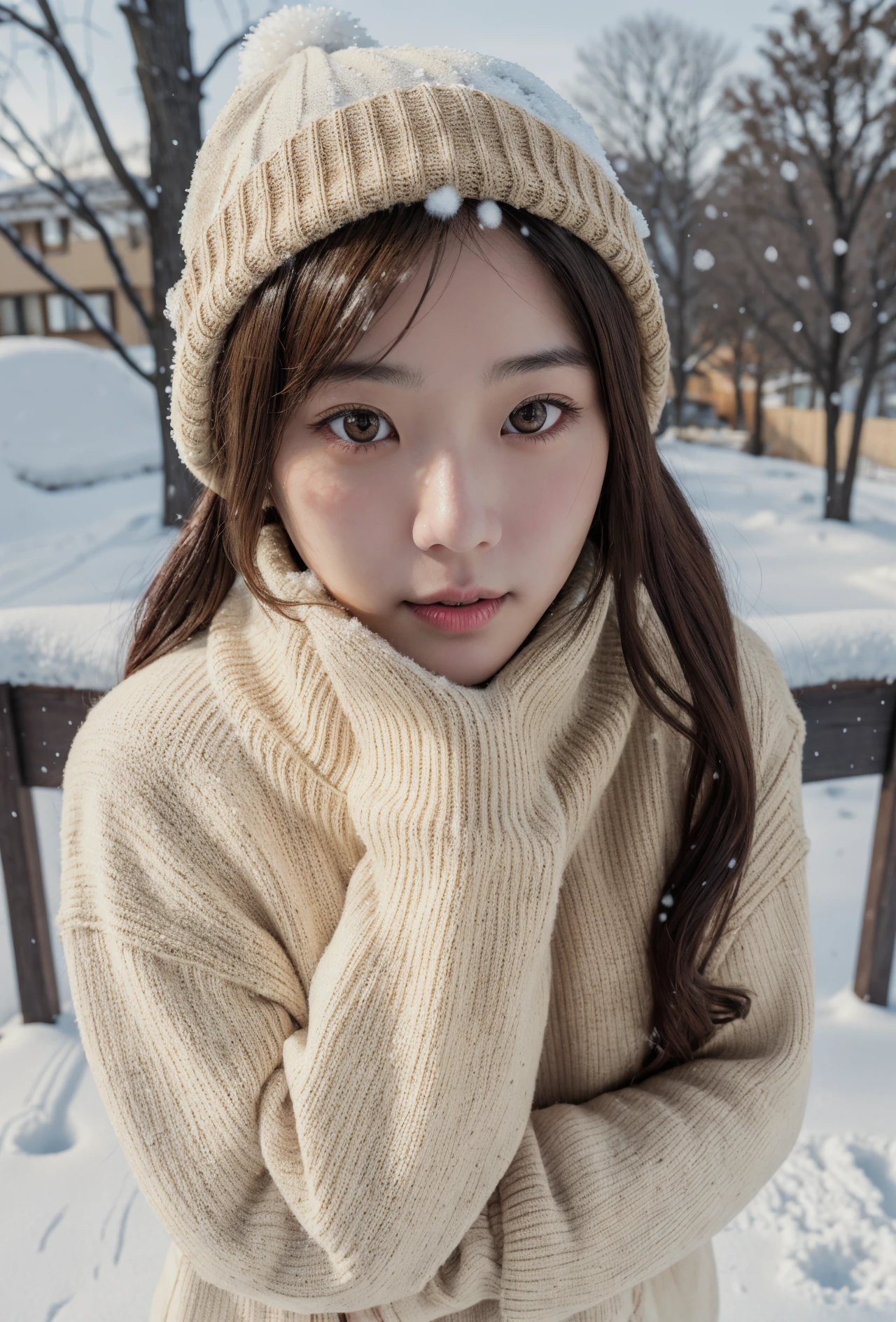 masterpiece, best quality, raw photo, realistic, adult girl, looking at viewer, supporting head on two hands, long hair, sweater, sweater hat,
extremely beautiful detailed face, best shadow, medium breasts, (cute face, temptations look), snowing, snowing background, (sepia photography),
(professional photo, balanced photo, high contract exposure)