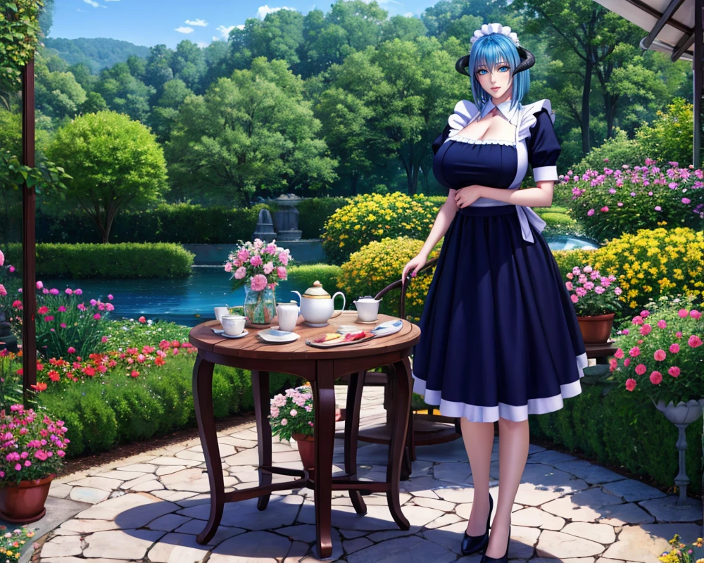 <lora:cyanbaru4:0.8>,1girl, cyanbaru, solo, large breasts, blue hair, horns, huge breasts, blue eyes, maid, maid headdress, full body,  tea jar, garden, flowers,