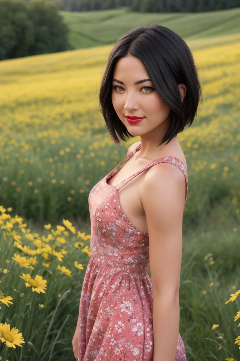 oliviamunn, ((red lipstick, eye shadow, eyeliner, blush)), ((detailed eyes, beautiful eyes, detailed face, beautiful face):1.2), ,photo of a woman, RAW, ((beautiful floral print sundress)),((short hair, pixie cut)), ((outdoors, gorgeous meadow, walking)), 8k uhd, dslr, soft lighting, high quality, film grain, Fujifilm XT3 sharp focus, f 5.6,slight smile