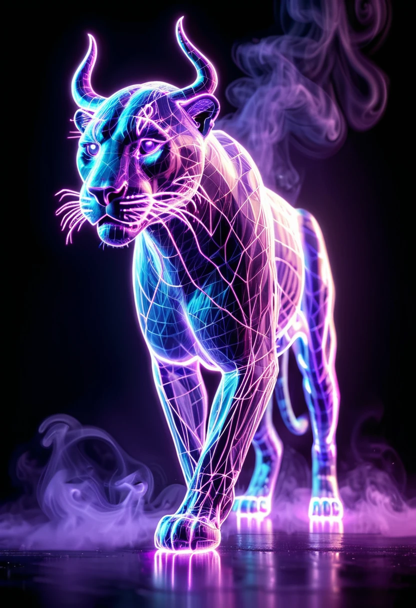 <lora:artfullyANIMALWIRE_SDXL_V1:1>, artnmlwr,  3D full body hologram of a majestic panther, 3D full body shot of a stalking panther made from neon glowing wireframe, A majestic panther made of intricate digital lines and glowing neon colors, a hyper realistic oil painting in the style of cyberpunk elements., cool lighting, dark background with a purple glow behind it, fantasy style digital art., glowing lights on its horns and skin, high resolution., in the style of digital art, neon lights and smoke around the animal, stalking majestically against the backdrop of dark purple smoke, symbolizing strength in business. Intricate glowing hologram line art in the style of digital artists., the whole figure is made up in the style of a geometric wireframe structure, ultra-detailed textures, with a dark background and neon light purple and blue smoke in the style, with purple and blue smoke in the background against a black dark background