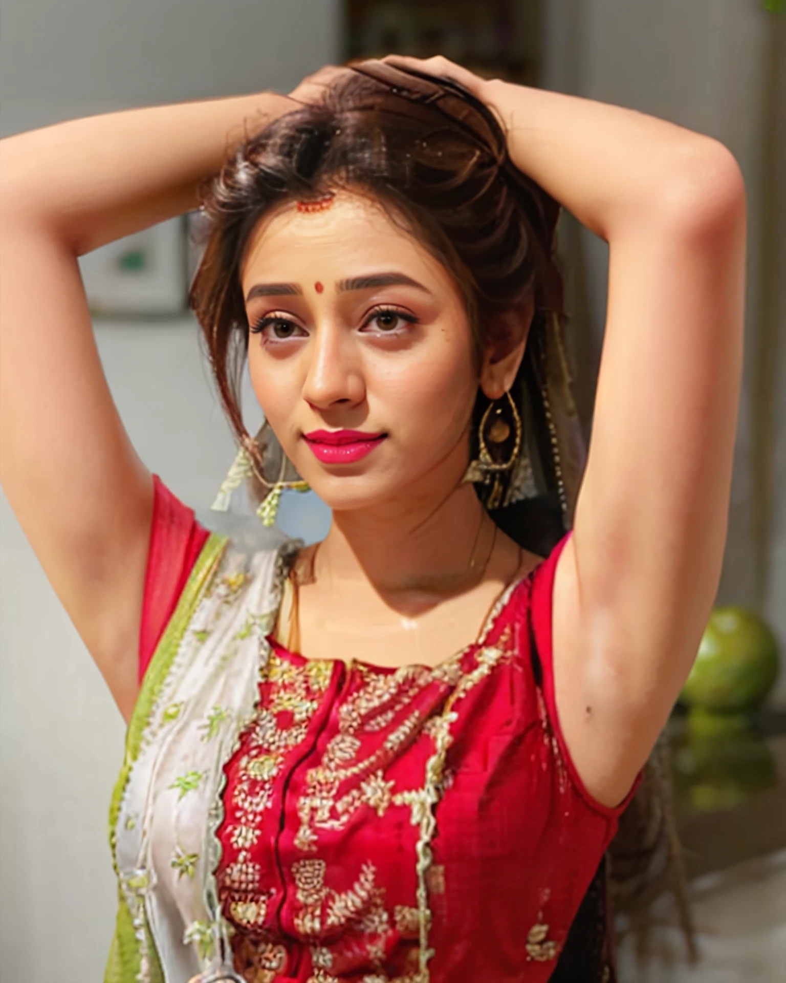 photo of hiba, wearing Lime ethnic clothes,  hands above head, dynamic pose, tied hair, , facing viewer, looking at viewer, background bokeh  <lora:hiba_OT_multires:1>