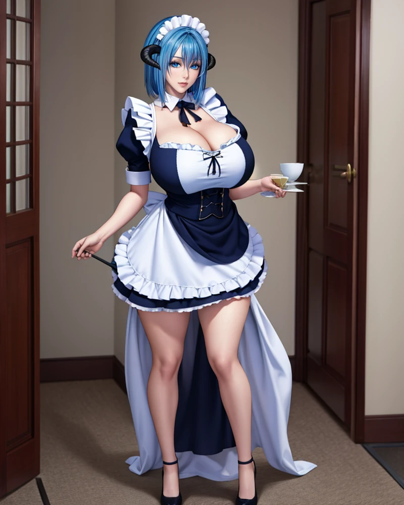 <lora:cyanbaru4:0.7>,1girl, cyanbaru, solo, large breasts, blue hair, horns, huge breasts, blue eyes, maid, maid headdress, full body, long tail