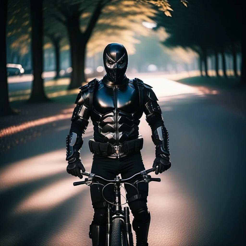 cinematic photo  man with a black mask in an black armored bodysuit, black gloves, black cargopants, shoulder armor, breast plate, black military boots, dark, rides a bicycle in a park <lora:Rendel1024-000150:0.8> . 35mm photograph, film, bokeh, professional, 4k, highly detailed