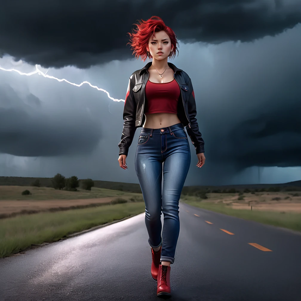 full body female clothed in a jeans walking down a lonely road with red lightning and dark clouds behind her, high detail, realistic photo, high detail, digital painting, cinematic, stunning, hyper-realistic, sharp focus, high resolution 8k, insanely detailed <lora:Emine:1>