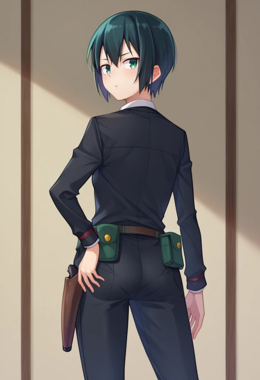 score_9,score_8_up,score_7_up BREAK <lora:kino:1>,kinoSDXL,1girl,solo,short hair,shirt,black hair,long sleeves,jacket,white shirt,collared shirt,belt,pants,black jacket,gun,black pants,green eyes,pouch,brown belt,holster,belt pouch,tomboy,kino (kino no tabi),cowboy shot,room,room background, from behind, looking back,