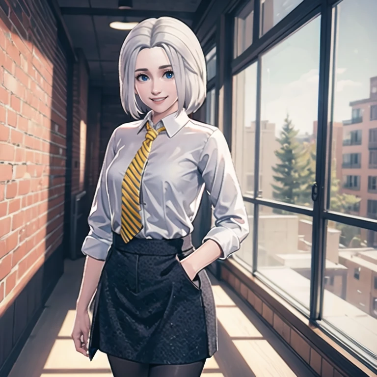 chiaralobosca, 1girl, solo, (cowboy shot:1.1), white shirt, collared shirt, sleeves rolled up, yellow necktie, striped necktie, black pantyhose, black skirt, medium breasts, looking at viewer, smile, indoors, classroom, hallway, brick wall, window, <lora:chiaralobosca:0.75>