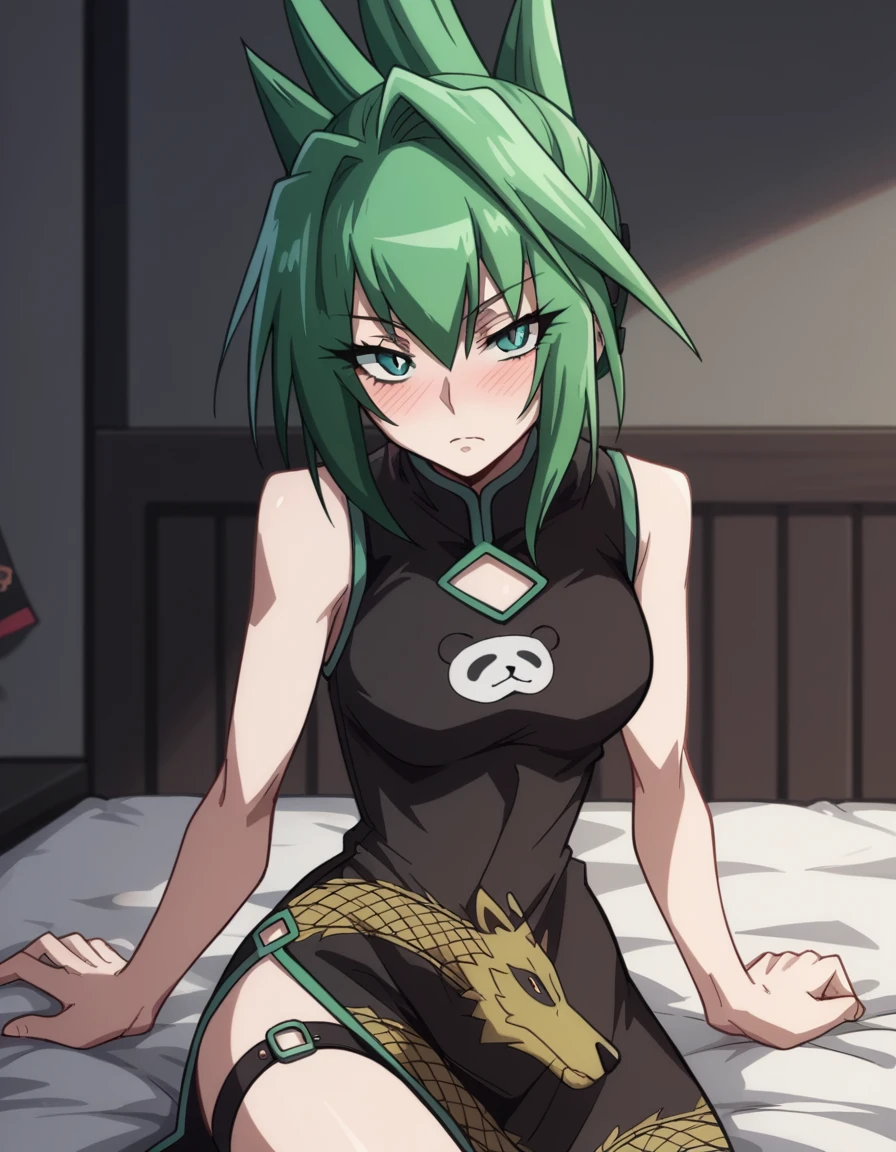 score_9, score_8_up, score_7_up, source_anime,
juntao, <lora:jun-tao-2021-s1-ponyxl-lora-nochekaiser:1>,
jun tao, green eyes, green hair, hair between eyes,
animal print, bear print, black dress, china dress, chinese clothes, dress, air, hip vent, panda print, side slit, sleeveless, sleeveless dress, thigh strap,
indoors, bed, bed room, on side, blush, drunk,
looking at viewer, cowboy shot, solo, dutch angle