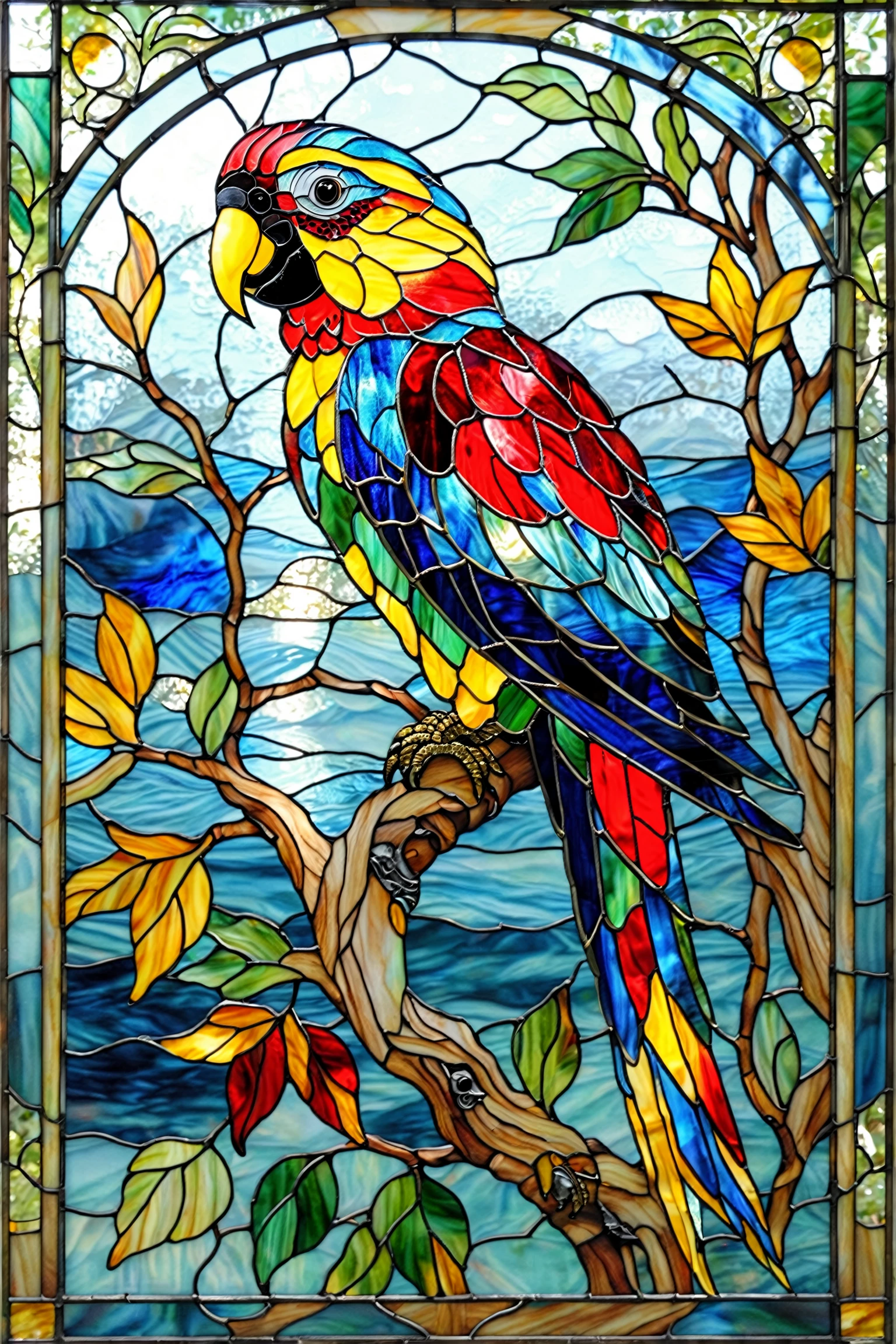 A vibrant stained-glass artwork of a parrot. The parrot is intricately designed with a myriad of colors, including blues, reds, yellows, and greens. It is perched on a branch, surrounded by leaves that mirror the bird's color palette. The background consists of a blend of blues, giving an impression of a sky or water. The overall composition is a harmonious blend of nature and art.<lora:EMS-402101-EMS:0.800000>