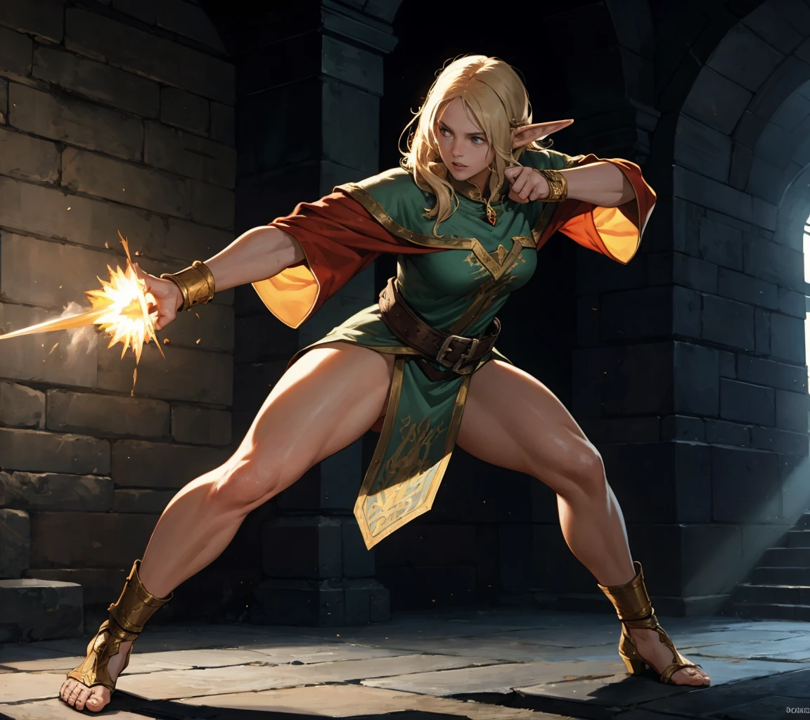 masterpiece,best quality,dungeons and dragons,elf mage,magic beam,fighting scene,full body,solo,