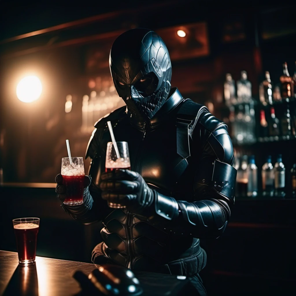 cinematic photo  man with a black mask in an black armored bodysuit, black gloves, black cargopants, shoulder armor, breast plate, black military boots, dark, making a cocktail in a shaker in a dark pub <lora:Rendel1024-000150:0.8> . 35mm photograph, film, bokeh, professional, 4k, highly detailed