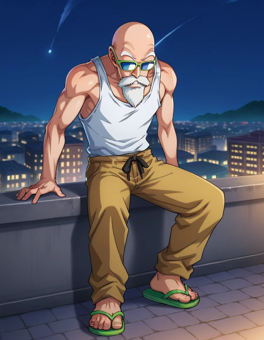 score_9, score_8_up, score_7_up, source_manga, colored,
roshixl, 1boy, tank top, sunglasses, bald, male focus, slim, night, cityscape, sandals, 
 <lora:roshi:0.9>