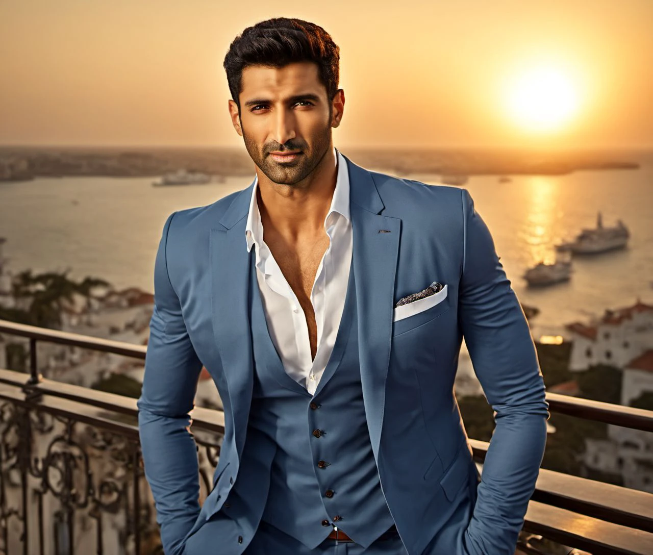 Nautical-themed (Photo:1.3) of (Ultrarealistic:1.3) <lora:Man_Men_FFashion:1> Aditya Roy Kapur a man <lora:Aditya-Roy-Kapur:1> in a blue suit standing on a balcony, handsome man, attractive man, handsome male, sun behind him, inspired by Pablo Munoz Gomez, shot at golden hour, editorial photograph, midshot of a hunky, by Roman Bezpalkiv, by Artur Tarnowski, maxim sukharev, by Gabor Szikszai,Highly Detailed,(Mono Color:1.3) . Sea, ocean, ships, maritime, beach, marine life, highly detailed