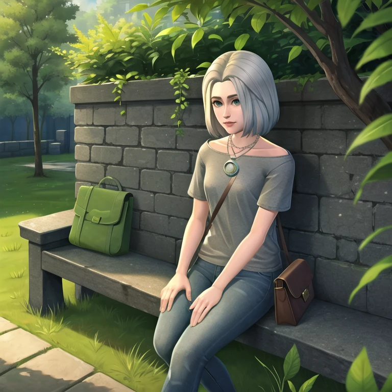 chiaralobosca, 1girl, solo, looking at viewer, jeans, bag, grey shirt, necklace, pendant, (medium breasts:0.4), hand on own thigh, sitting, outdoors, tree, grass, stone bench, leaf, shadow, stone wall, <lora:chiaralobosca:0.72>