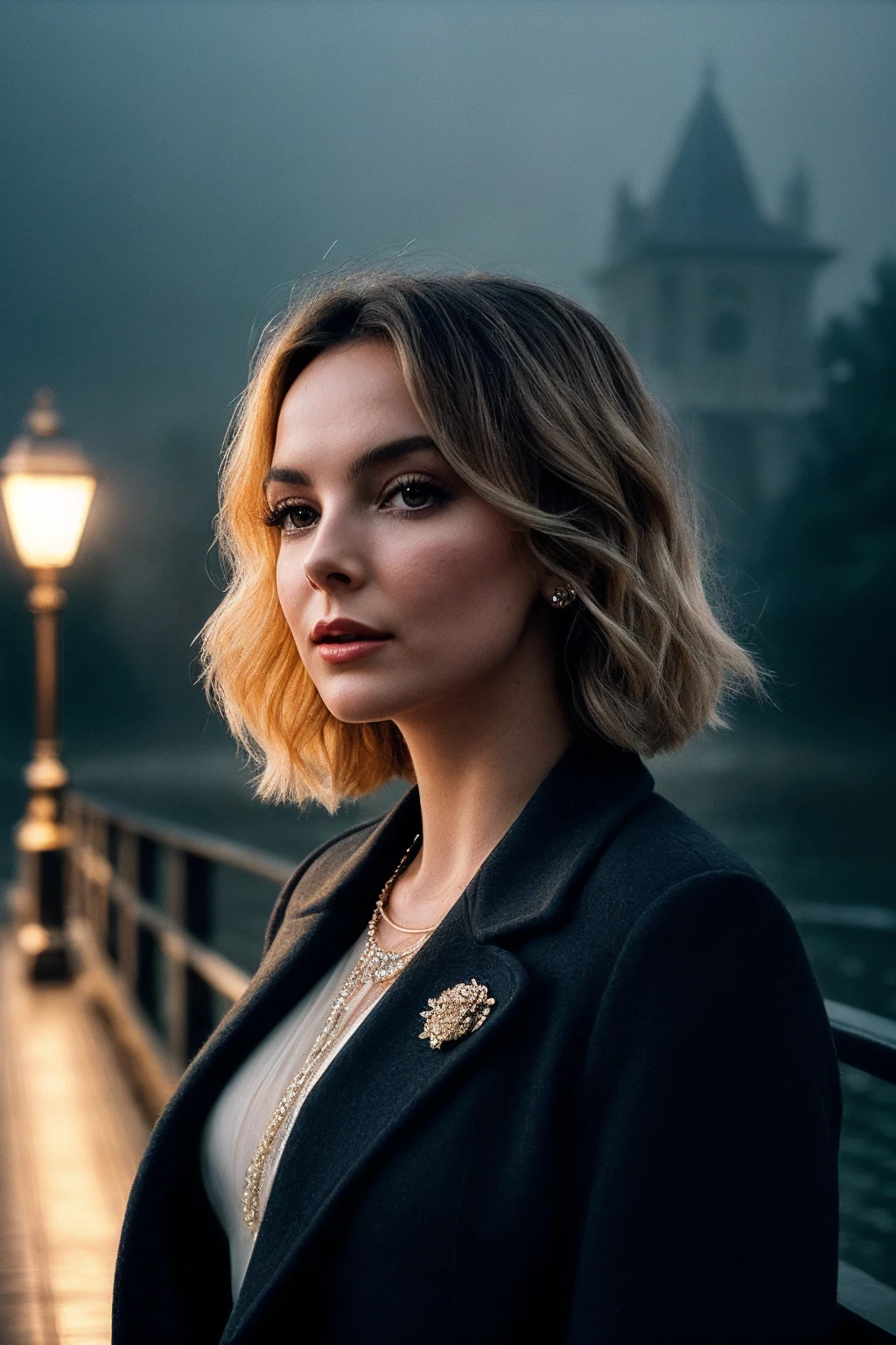 JodieC_SoloTI_v1,
(In an elegant, tailored coat, adorned with a vintage brooch, exuding a timeless and graceful charm), (On a misty bridge at dusk, with lampposts casting a soft glow and the river flowing quietly beneath, enveloping the moment in poignant nostalgia:1.3), (seductive:1.3),(analog, cinematic, film grain, hazy atmosphere, cinematic shot:1.3),
<lora:add_detail:0.6>, PA7_Portrait-MCU,